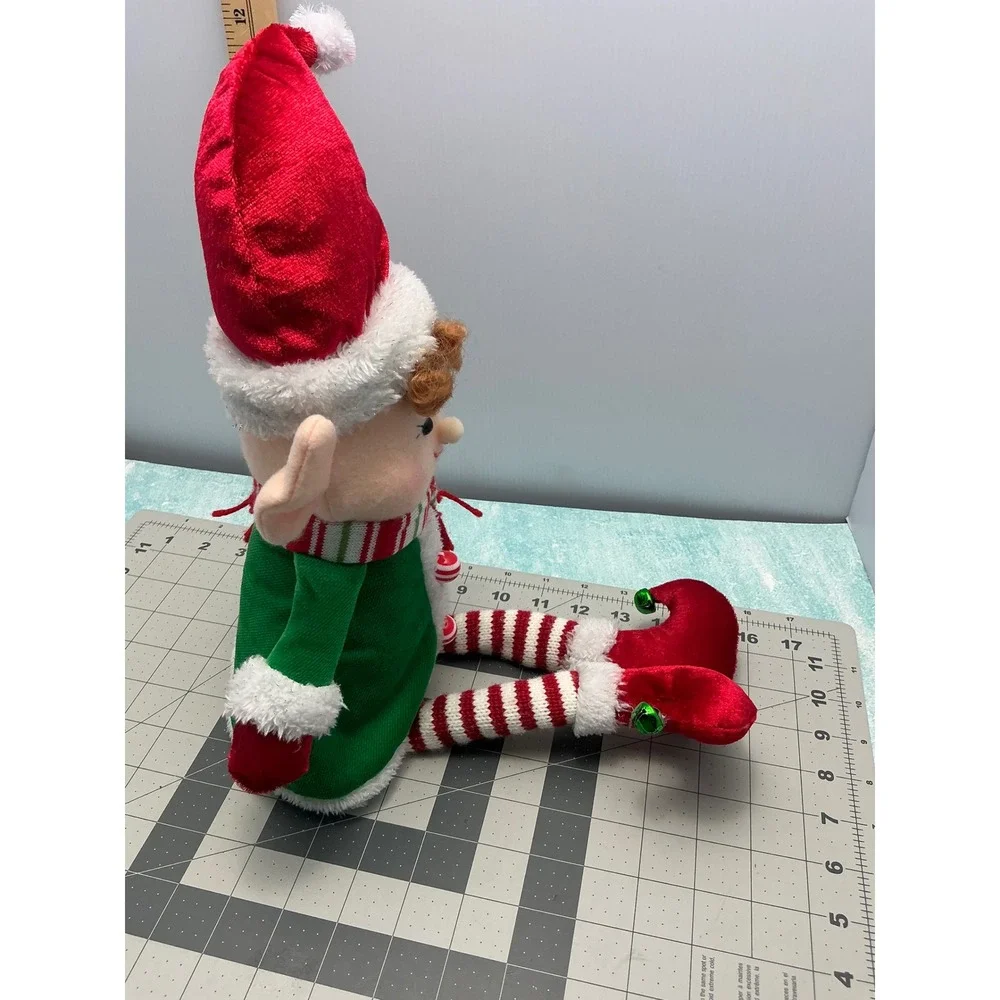 Adorable Christmas Elf Plush Toy Green Coat Red Hat Striped Scarf Festive‎ Decor